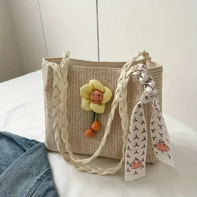 Classic Flower Braided Strap Straw Tote Bag